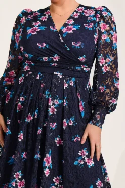 Jolie Moi Occasion Dresses|Floral Dresses-Long Sleeve Printed Lace Maxi Dress, Navy Pink Floral