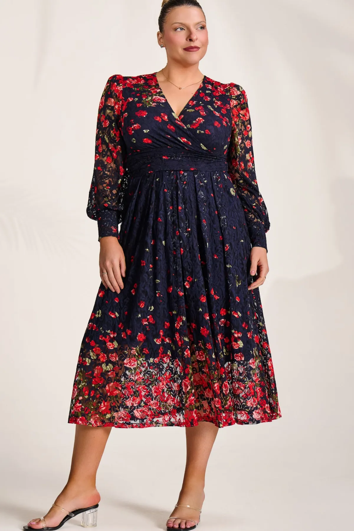 Jolie Moi Occasion Dresses|Floral Dresses-Long Sleeve Printed Lace Maxi Dress, Red Floral