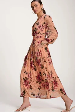 Jolie Moi Floral Dresses|Long Sleeved Dresses-Long Sleeve Printed Lace Midaxi Dress, Coral Floral
