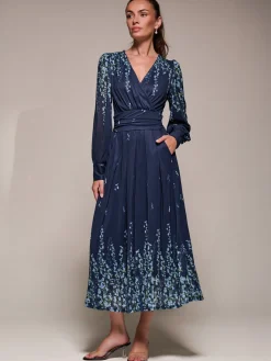 Jolie Moi Occasion Dresses|Floral Dresses-Long Sleeve Printed Mesh Midaxi Dress, Blue Floral
