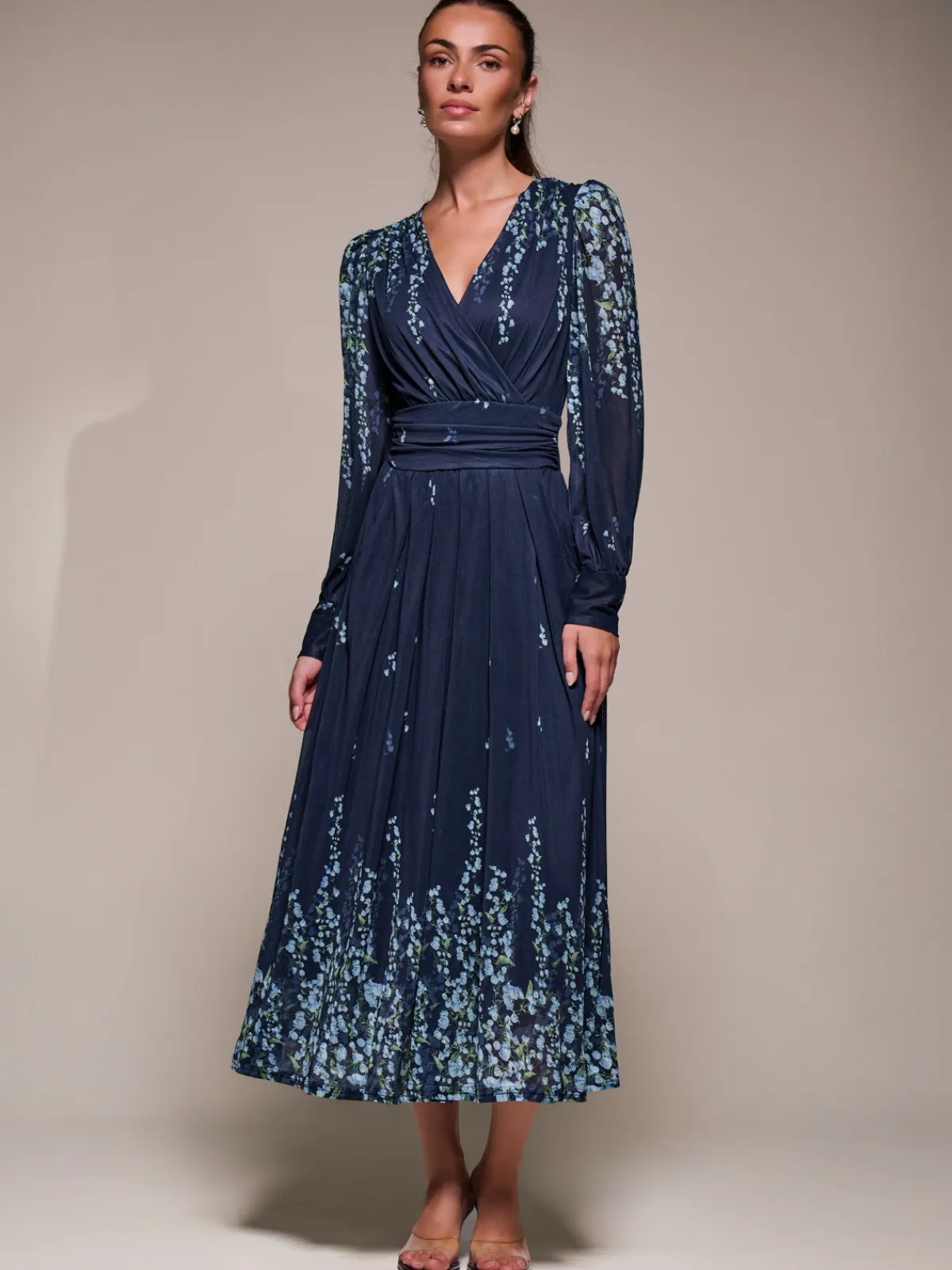 Jolie Moi Occasion Dresses|Floral Dresses-Long Sleeve Printed Mesh Midaxi Dress, Blue Floral