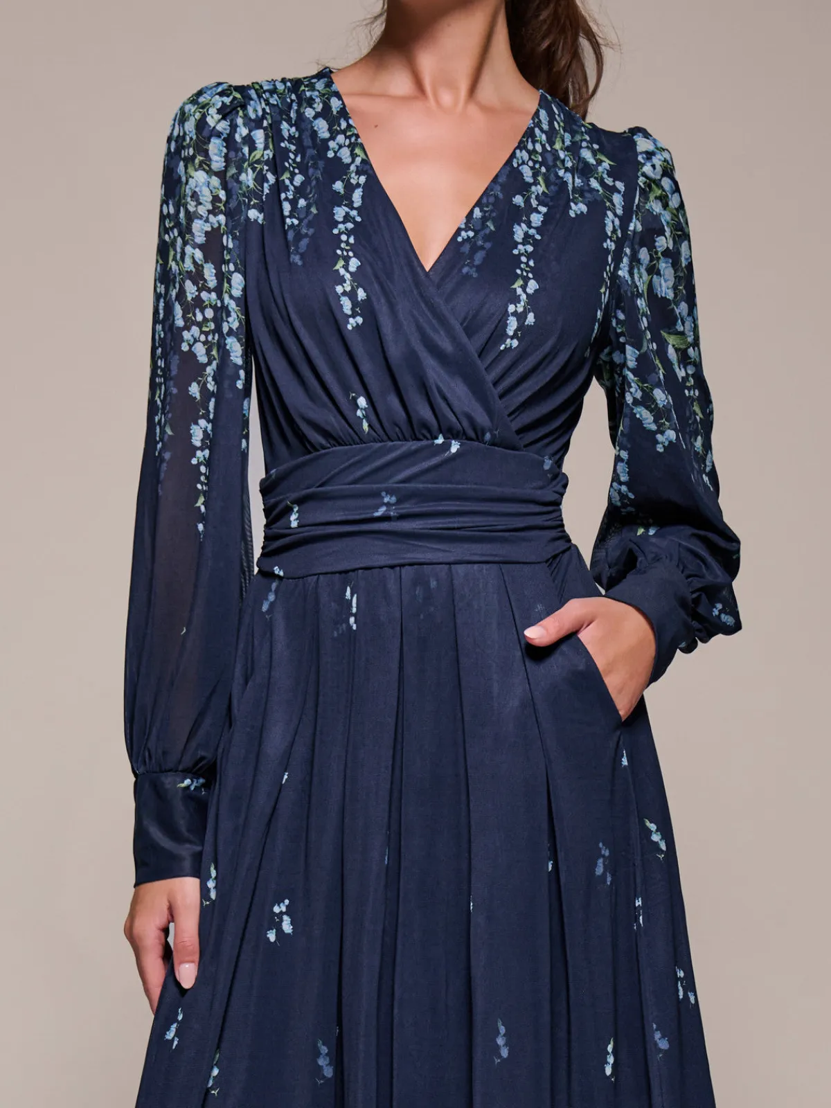 Jolie Moi Occasion Dresses|Floral Dresses-Long Sleeve Printed Mesh Midaxi Dress, Blue Floral