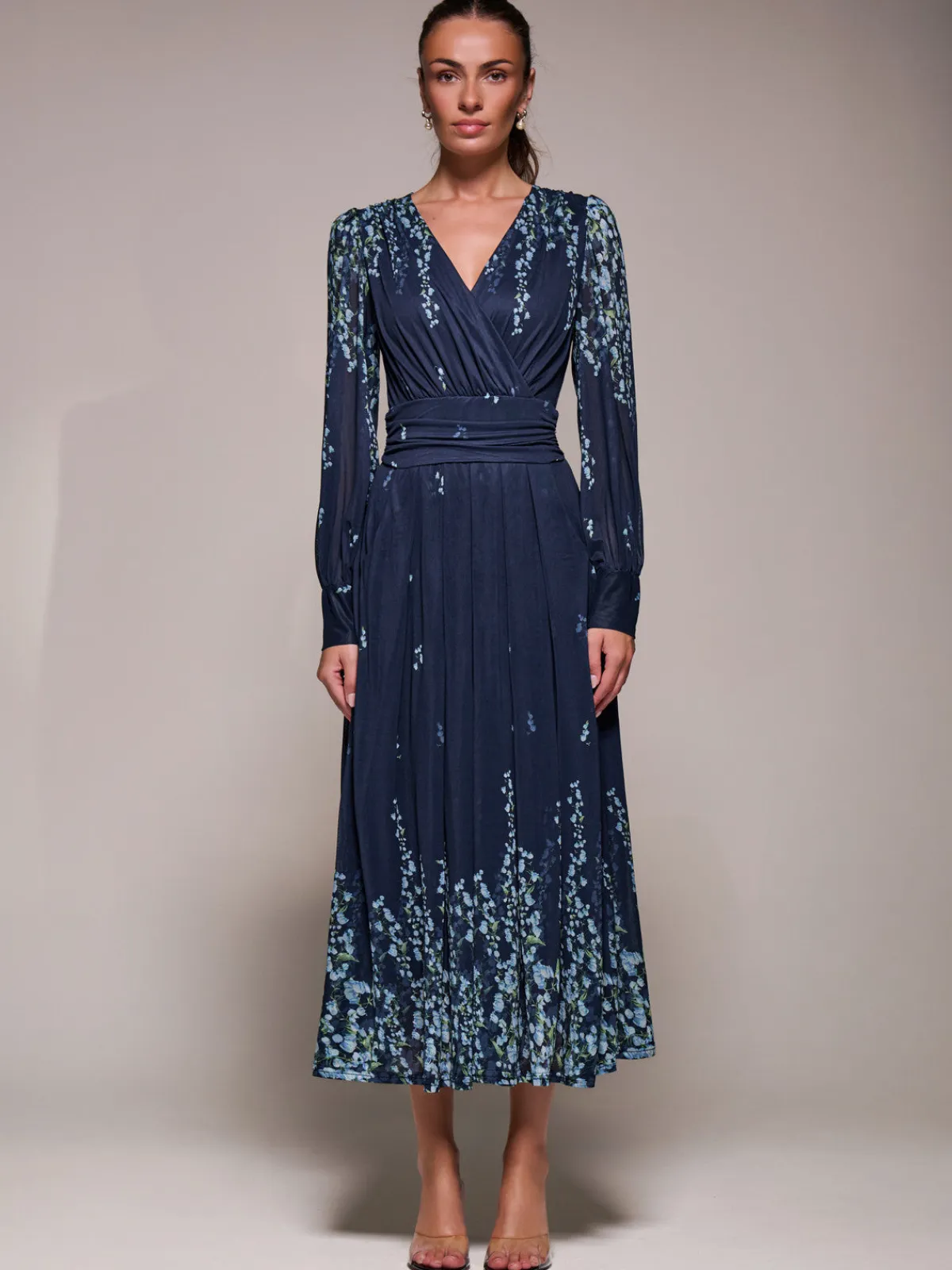 Jolie Moi Occasion Dresses|Floral Dresses-Long Sleeve Printed Mesh Midaxi Dress, Blue Floral