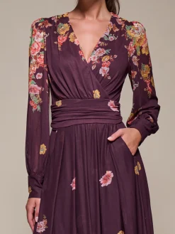 Jolie Moi Occasion Dresses|Floral Dresses-Long Sleeve Printed Mesh Midaxi Dress, Burgundy Floral