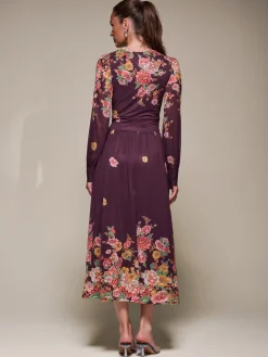 Jolie Moi Occasion Dresses|Floral Dresses-Long Sleeve Printed Mesh Midaxi Dress, Burgundy Floral