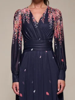 Jolie Moi Occasion Dresses|Floral Dresses-Long Sleeve Printed Mesh Midaxi Dress, Pink Leaf