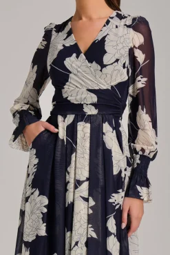 Jolie Moi Occasion Dresses|Floral Dresses-Long Sleeve Printed Mesh Midi Dress, Navy Floral