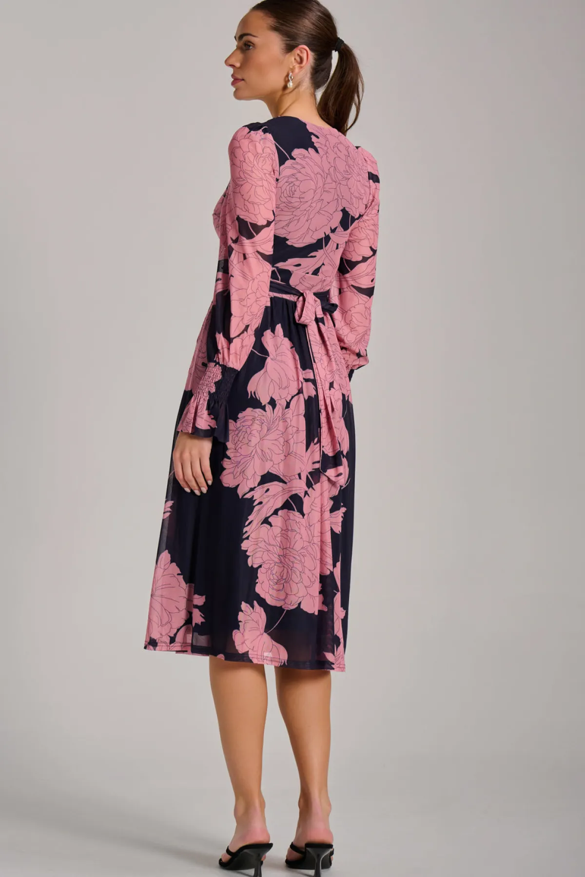 Jolie Moi Occasion Dresses|Floral Dresses-Long Sleeve Printed Mesh Midi Dress, Pink Floral