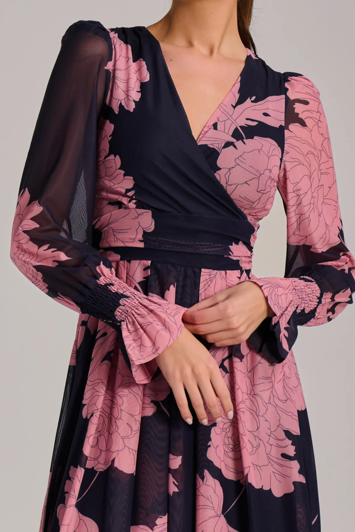 Jolie Moi Occasion Dresses|Floral Dresses-Long Sleeve Printed Mesh Midi Dress, Pink Floral