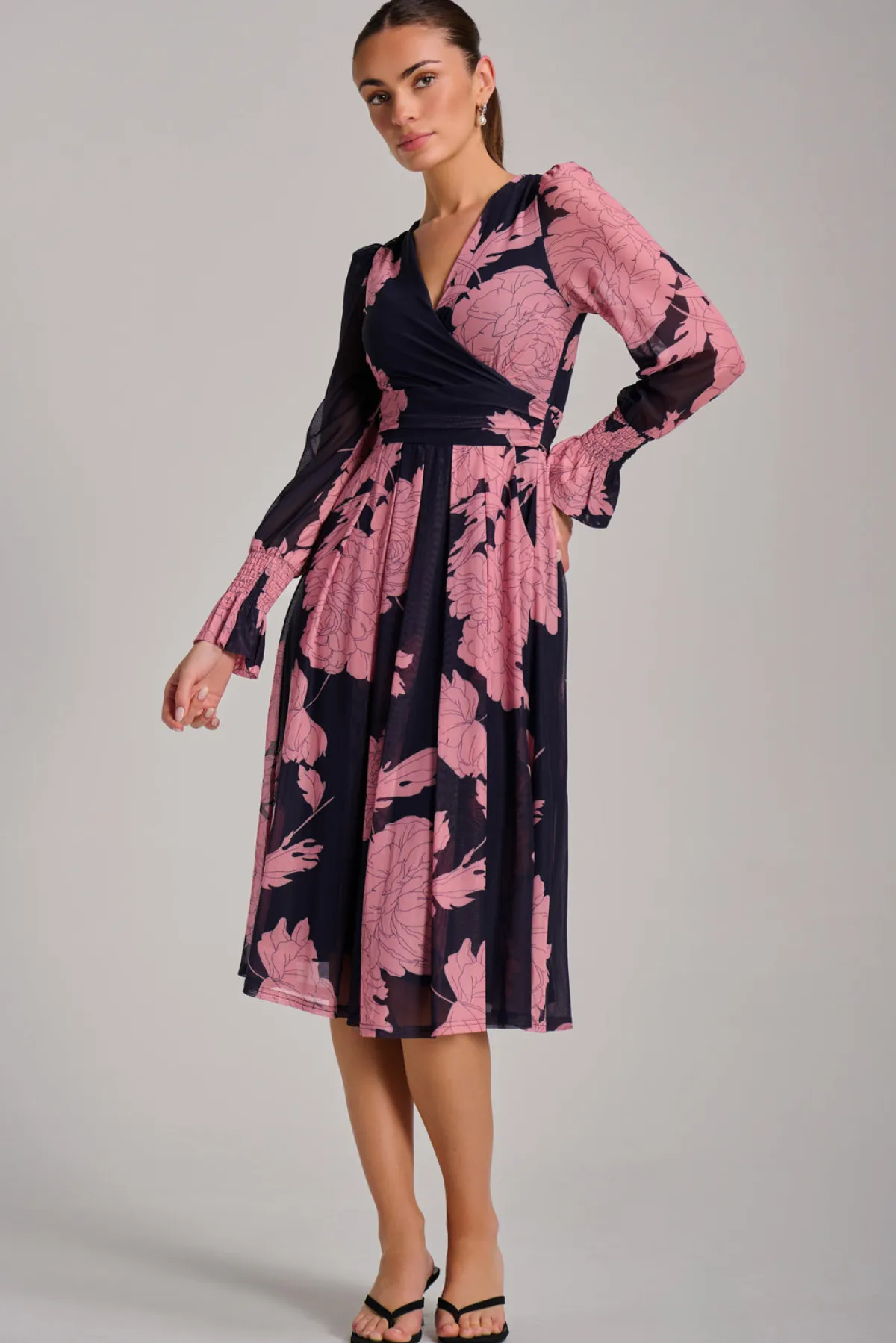 Jolie Moi Occasion Dresses|Floral Dresses-Long Sleeve Printed Mesh Midi Dress, Pink Floral