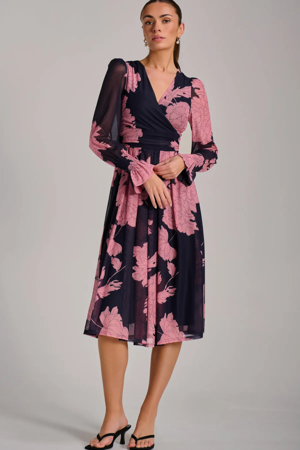 Jolie Moi Occasion Dresses|Floral Dresses-Long Sleeve Printed Mesh Midi Dress, Pink Floral