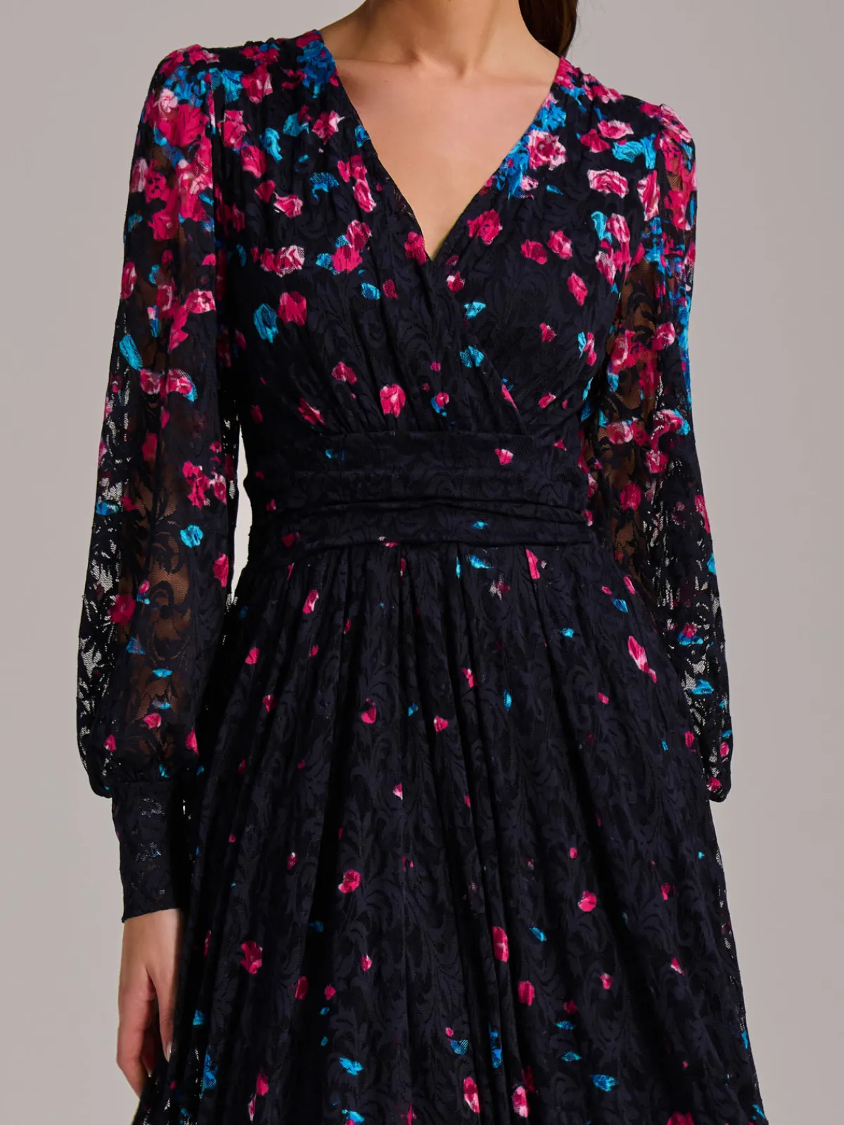 Jolie Moi Occasion Dresses|Floral Dresses-Long Sleeve Print Lace Maxi Dress, Pink Multi