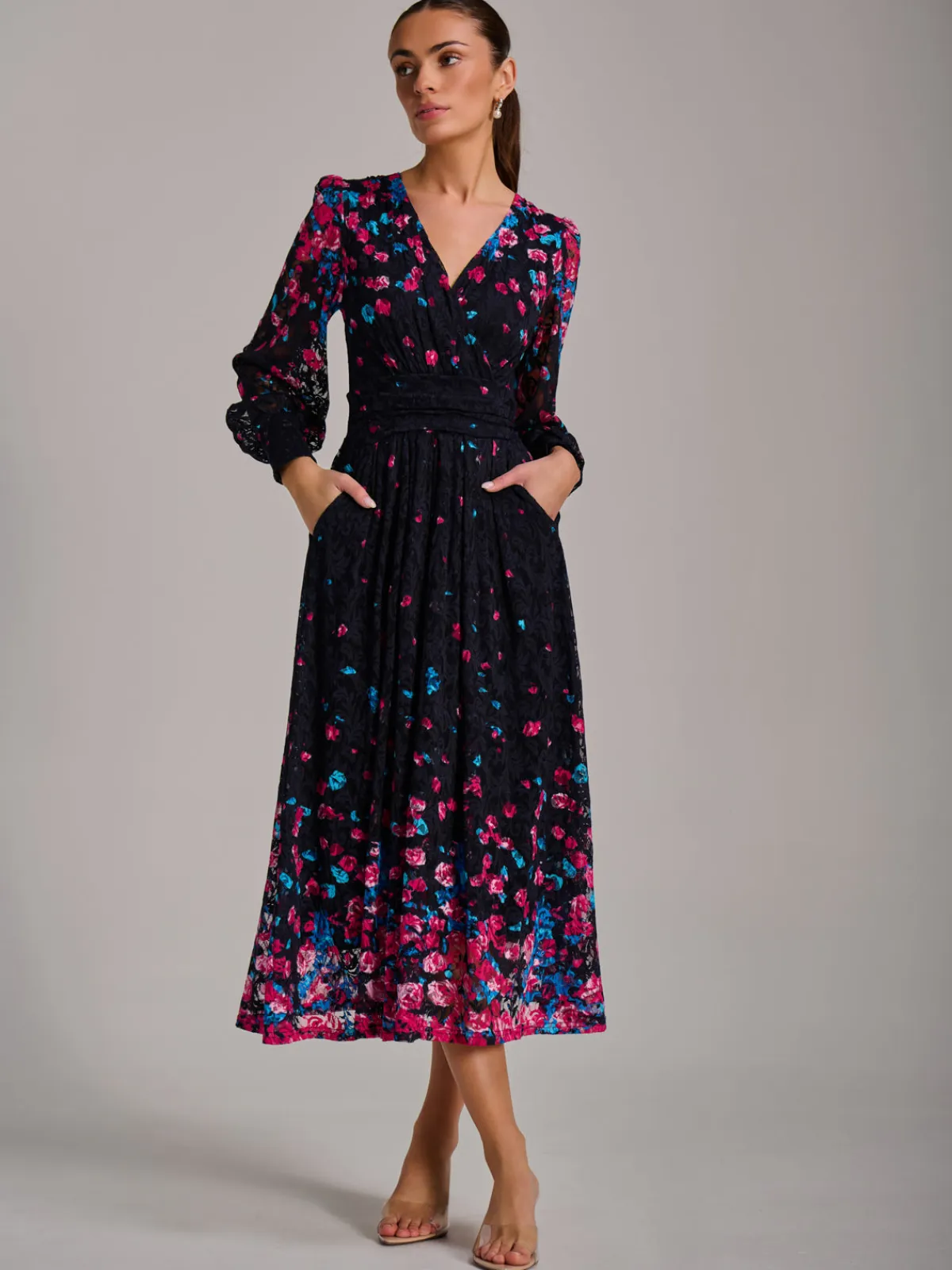 Jolie Moi Occasion Dresses|Floral Dresses-Long Sleeve Print Lace Maxi Dress, Pink Multi