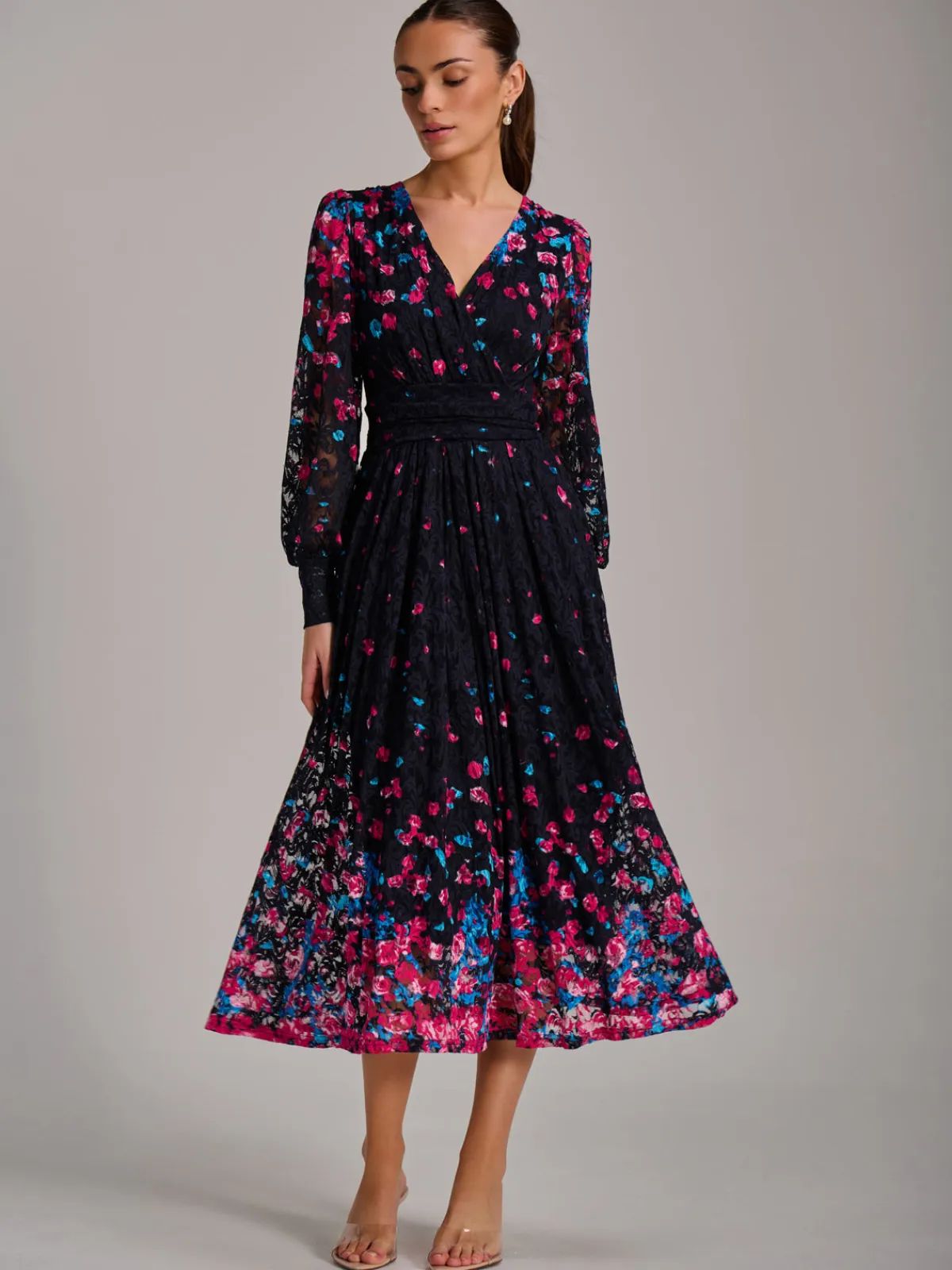 Jolie Moi Occasion Dresses|Floral Dresses-Long Sleeve Print Lace Maxi Dress, Pink Multi