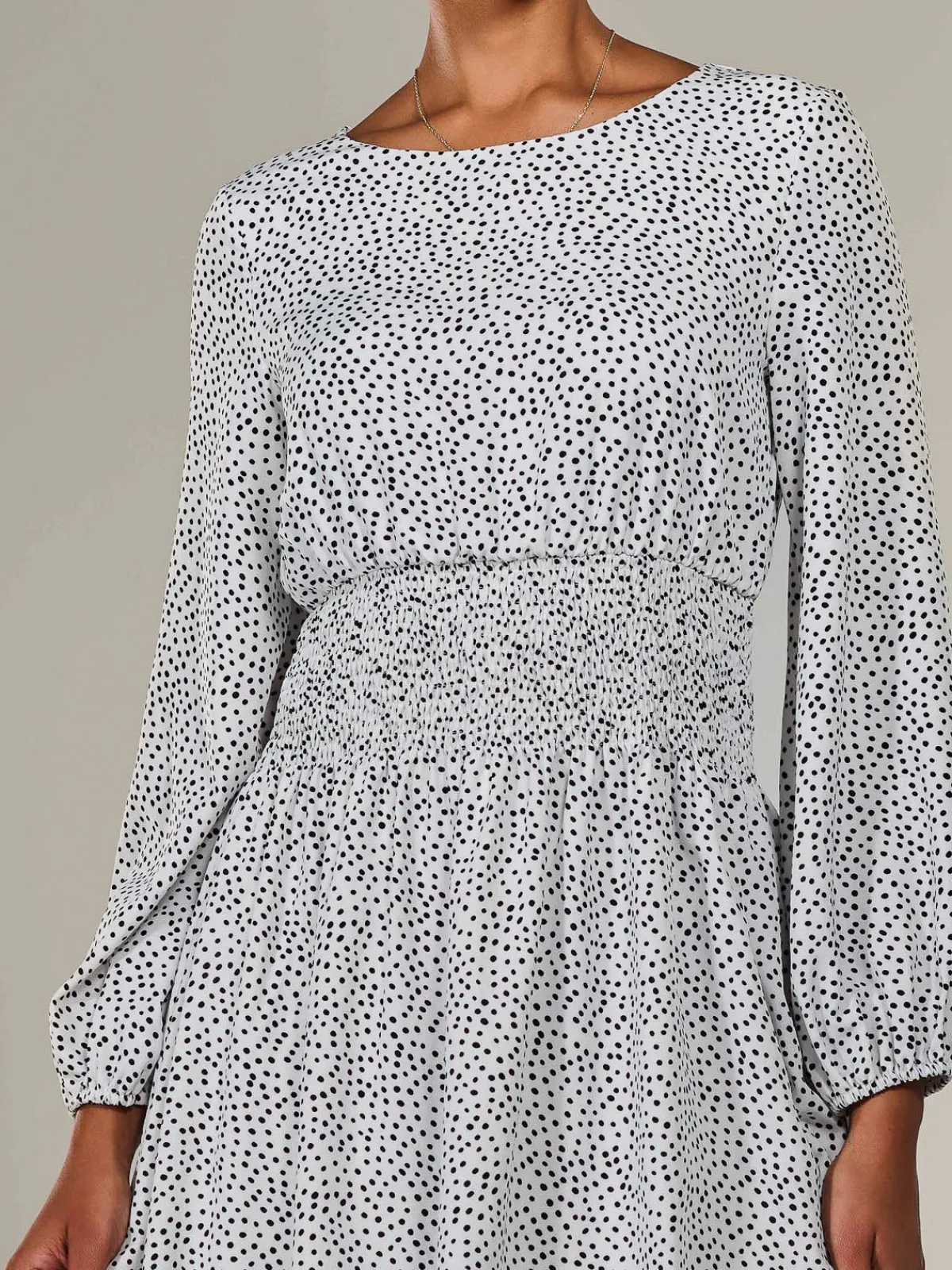 Jolie Moi Office Wear|Office Dresses-Long Sleeve Ruched Waist Midi Dress, White Polka