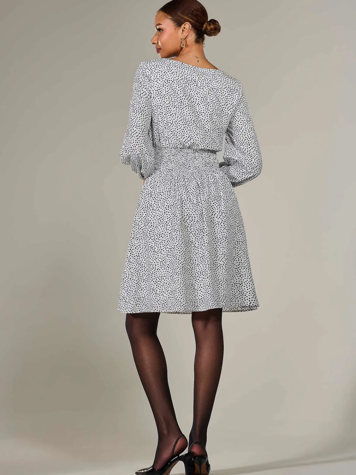 Jolie Moi Office Wear|Office Dresses-Long Sleeve Ruched Waist Midi Dress, White Polka
