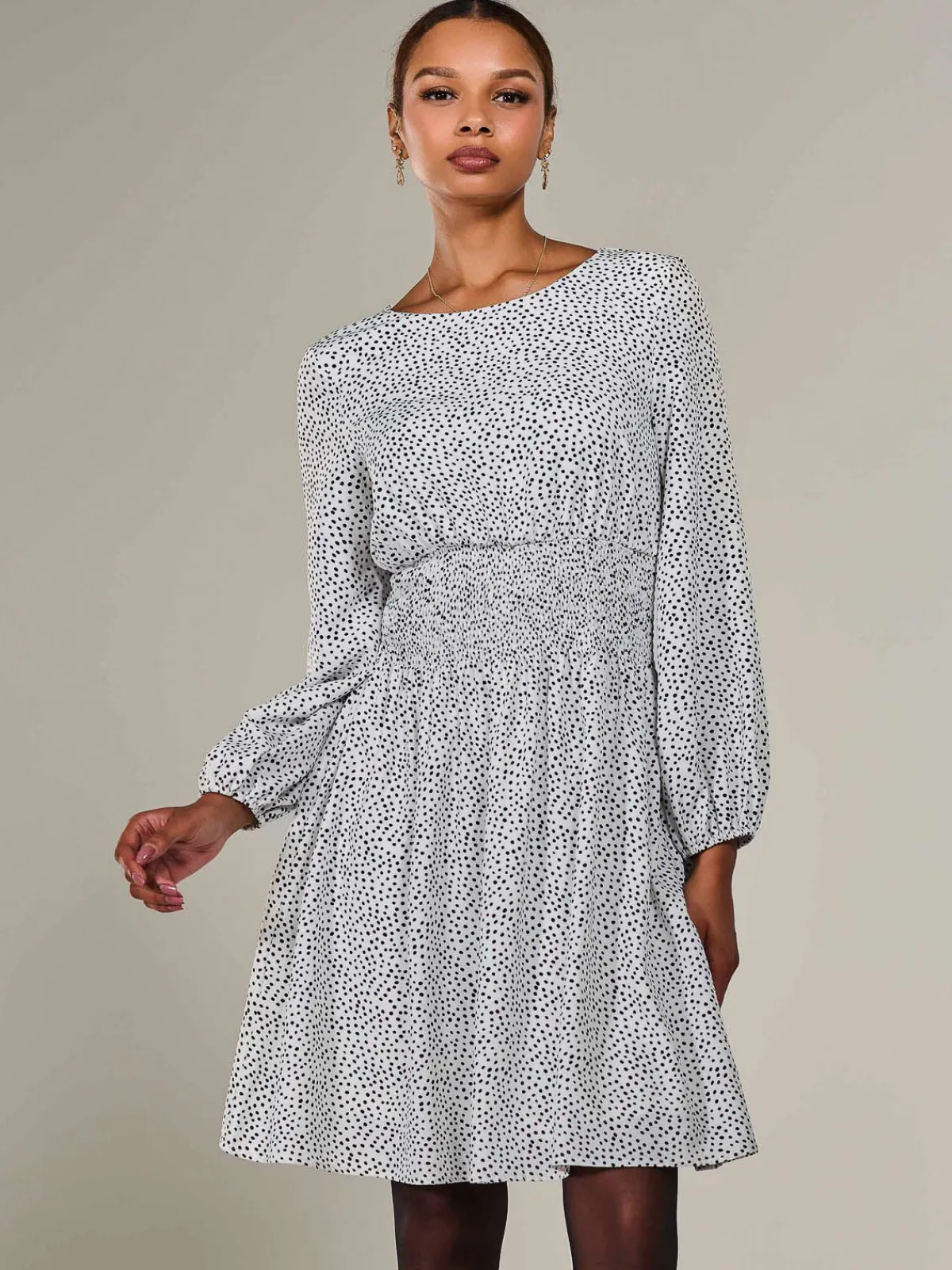 Jolie Moi Office Wear|Office Dresses-Long Sleeve Ruched Waist Midi Dress, White Polka