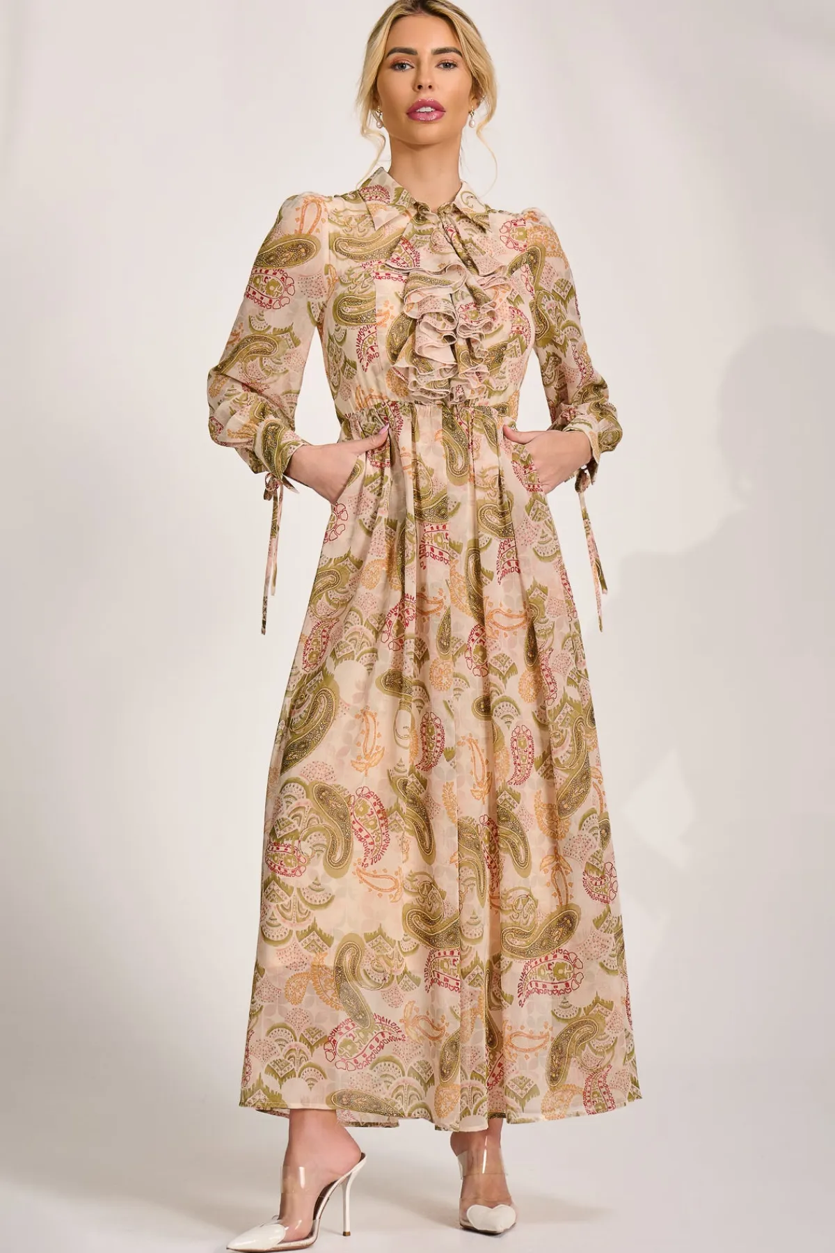 Jolie Moi Occasion Dresses|Wedding Guest-Long Sleeve Ruffle Chiffon Shirt Maxi Dress, Beige Paisley