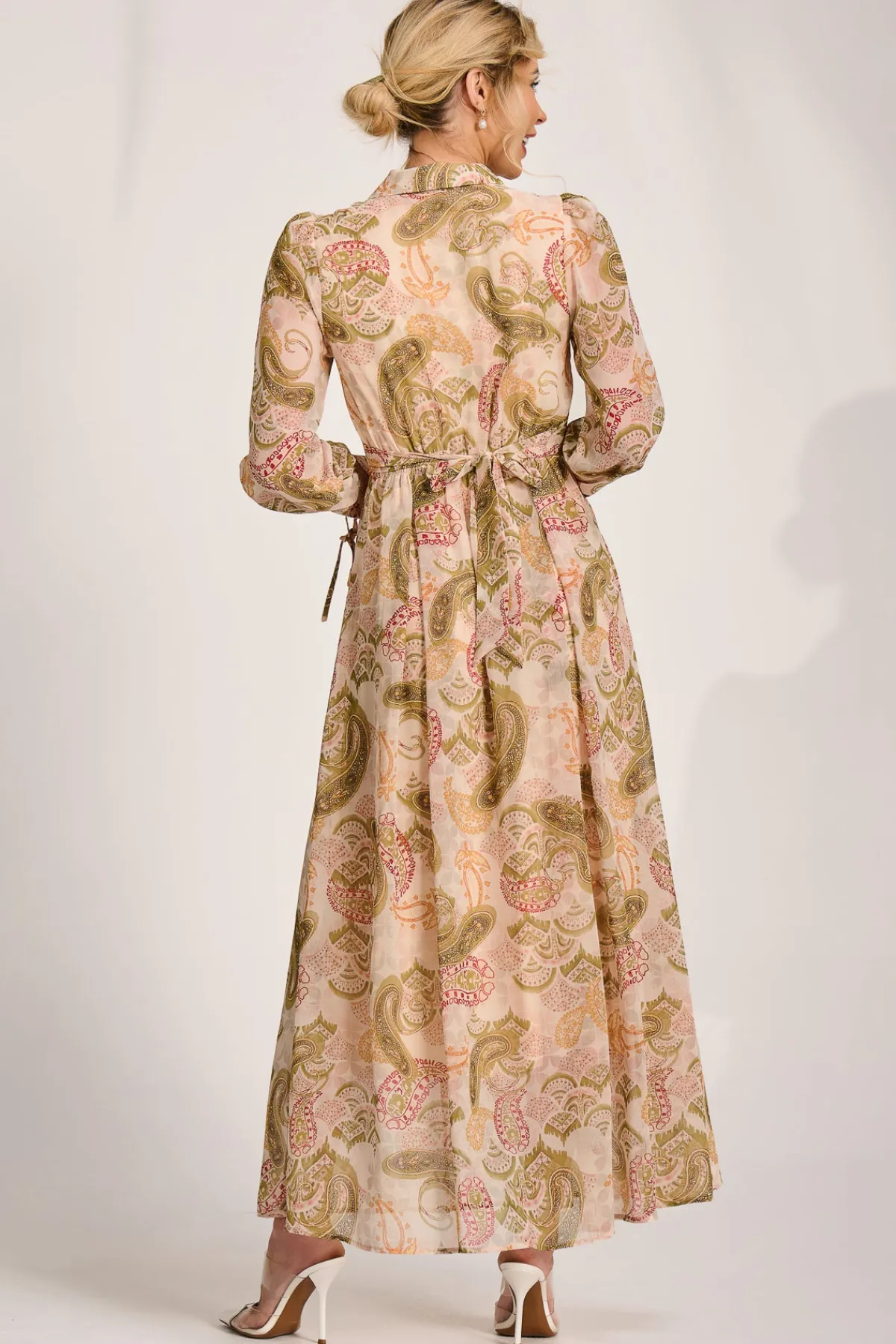 Jolie Moi Occasion Dresses|Wedding Guest-Long Sleeve Ruffle Chiffon Shirt Maxi Dress, Beige Paisley