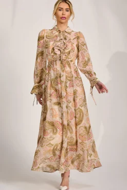 Jolie Moi Occasion Dresses|Wedding Guest-Long Sleeve Ruffle Chiffon Shirt Maxi Dress, Beige Paisley