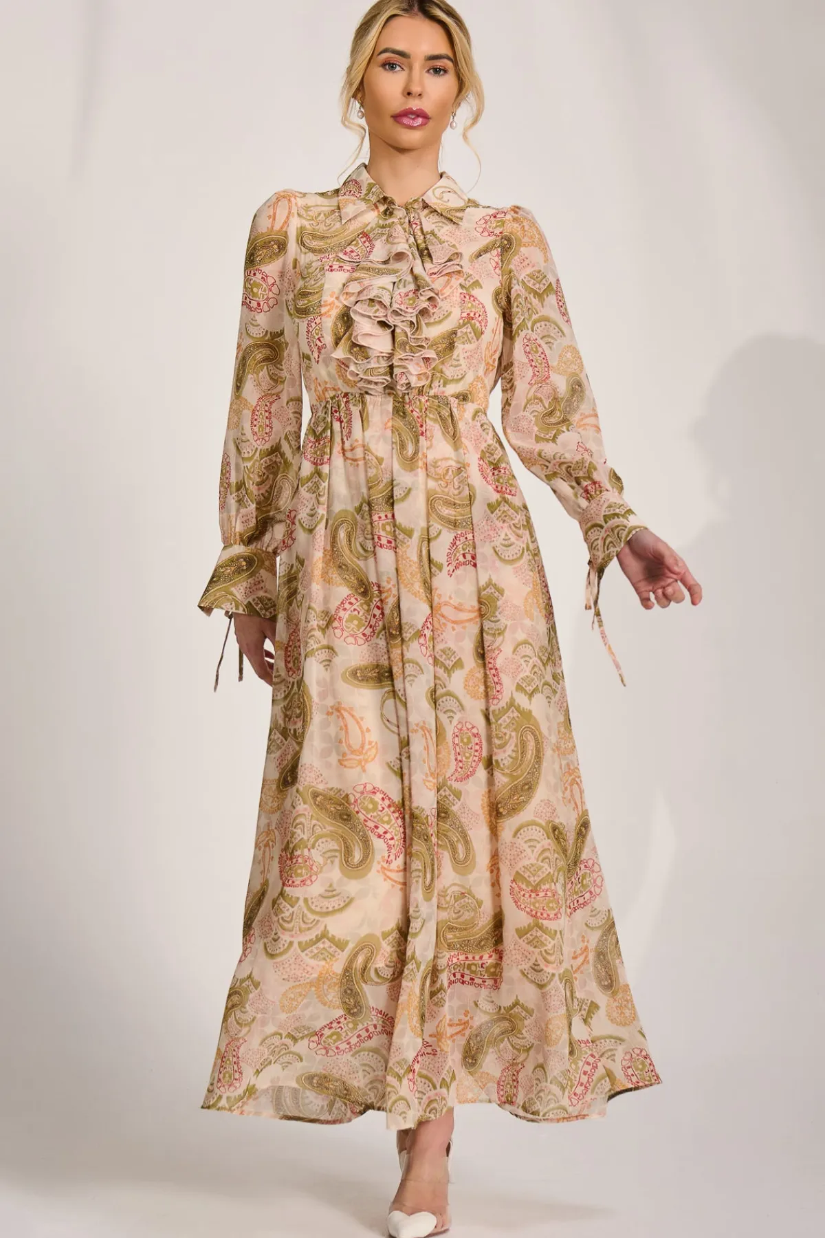 Jolie Moi Occasion Dresses|Wedding Guest-Long Sleeve Ruffle Chiffon Shirt Maxi Dress, Beige Paisley