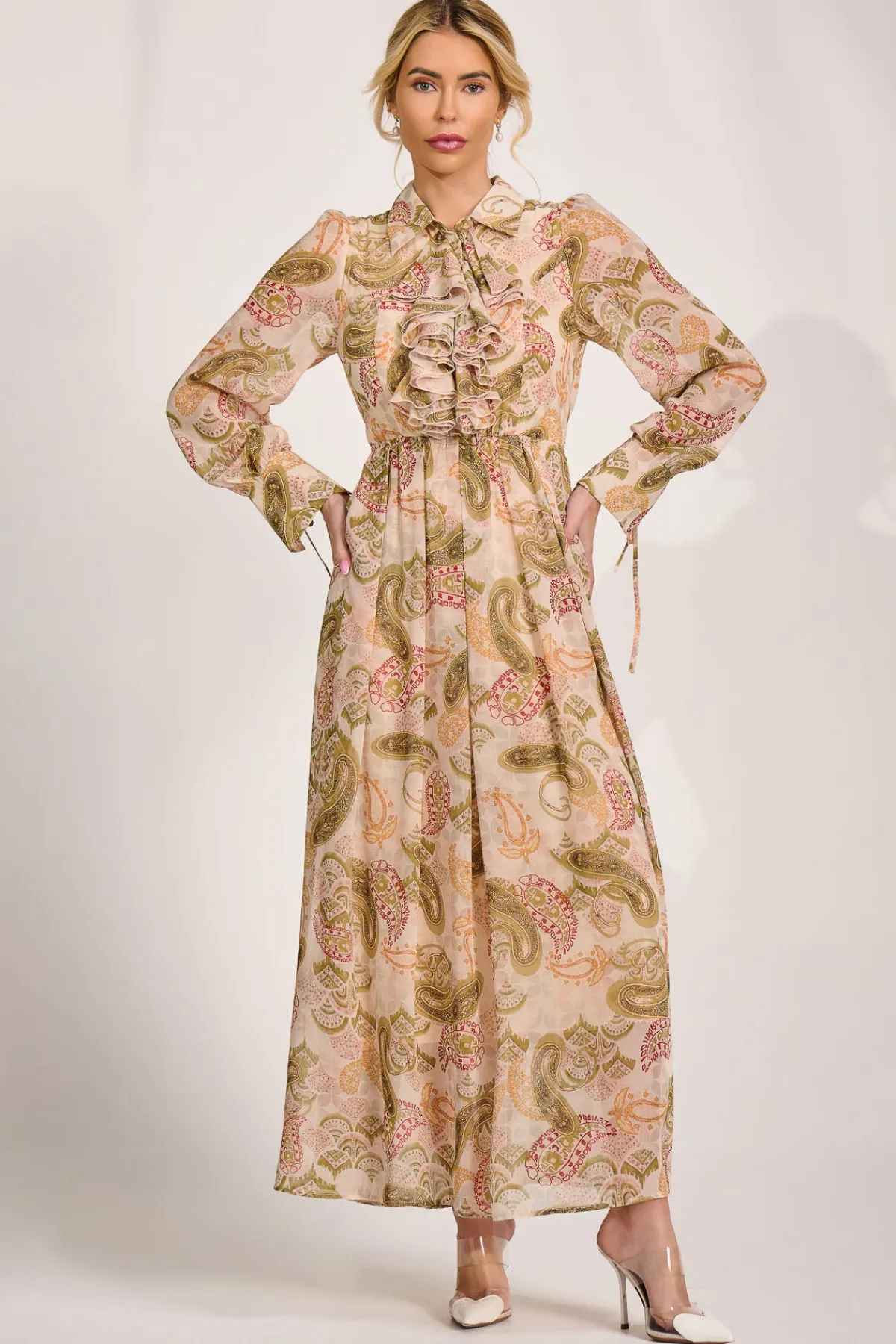 Jolie Moi Occasion Dresses|Wedding Guest-Long Sleeve Ruffle Chiffon Shirt Maxi Dress, Beige Paisley