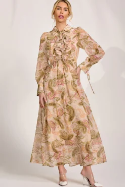 Jolie Moi Occasion Dresses|Wedding Guest-Long Sleeve Ruffle Chiffon Shirt Maxi Dress, Beige Paisley