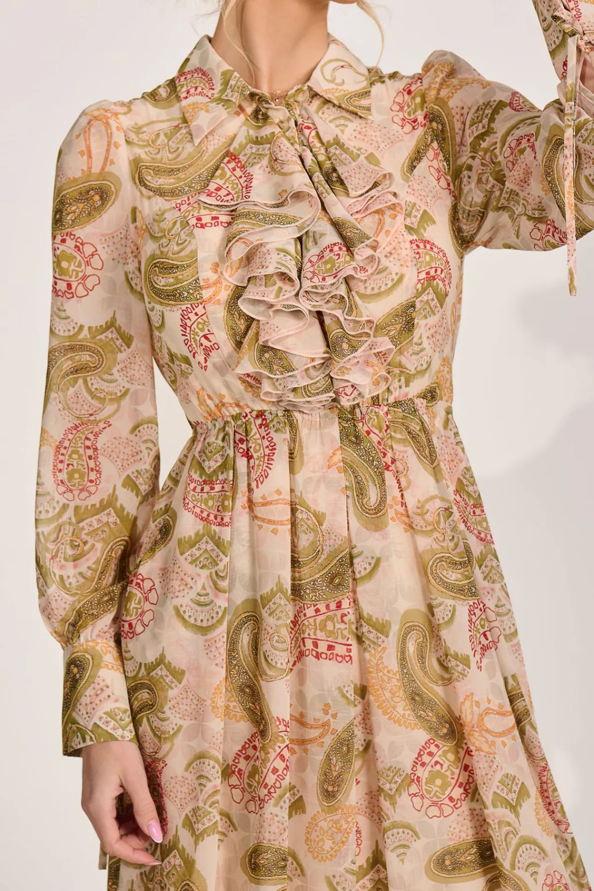 Jolie Moi Occasion Dresses|Wedding Guest-Long Sleeve Ruffle Chiffon Shirt Maxi Dress, Beige Paisley