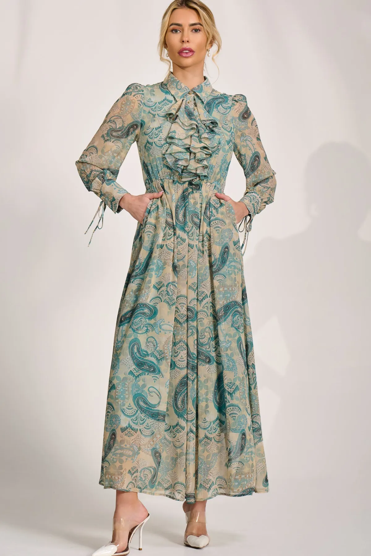 Jolie Moi Occasion Dresses|Wedding Guest-Long Sleeve Ruffle Chiffon Shirt Maxi Dress, Teal Paisley