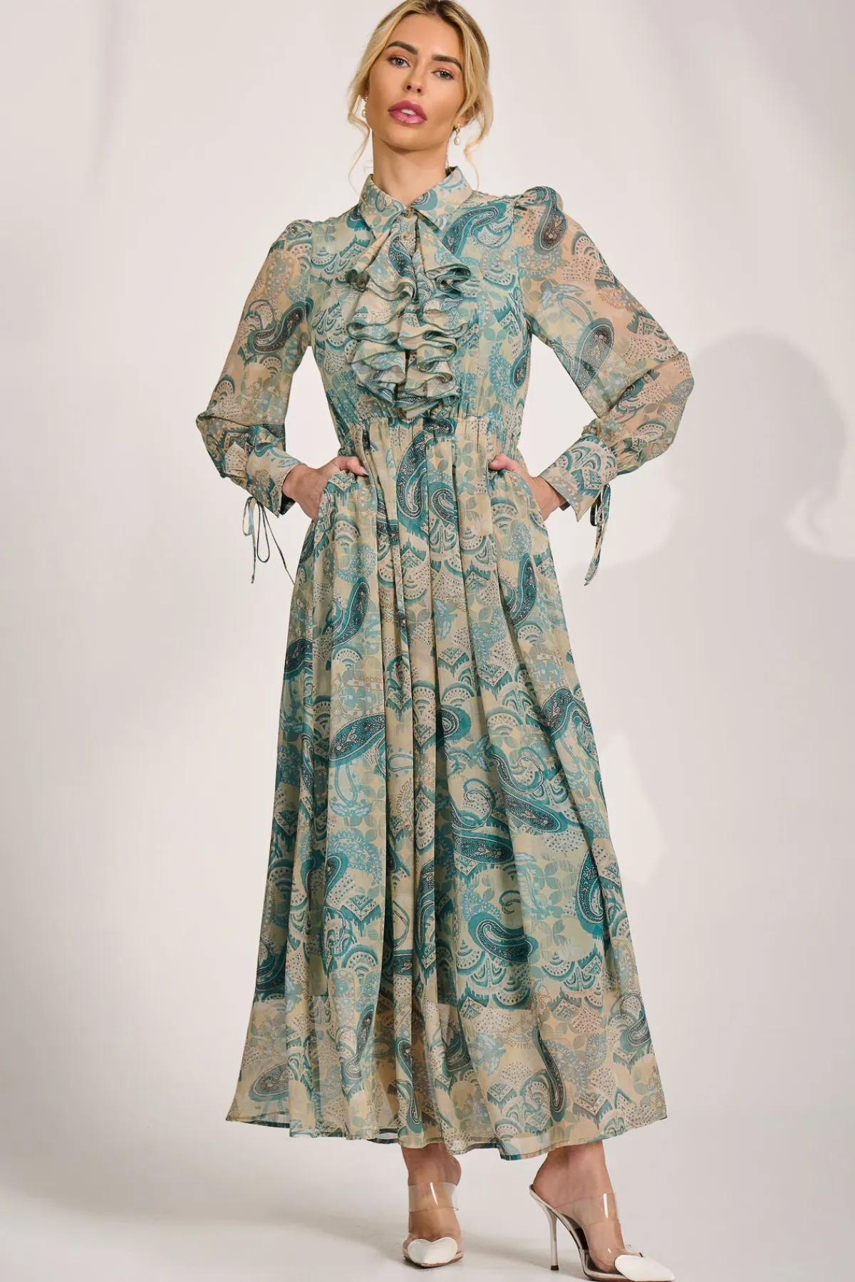 Jolie Moi Occasion Dresses|Wedding Guest-Long Sleeve Ruffle Chiffon Shirt Maxi Dress, Teal Paisley