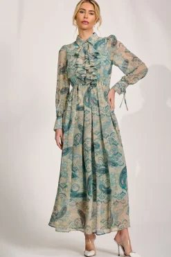 Jolie Moi Occasion Dresses|Wedding Guest-Long Sleeve Ruffle Chiffon Shirt Maxi Dress, Teal Paisley