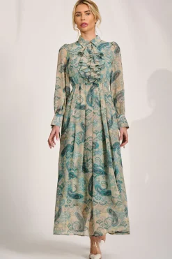 Jolie Moi Occasion Dresses|Wedding Guest-Long Sleeve Ruffle Chiffon Shirt Maxi Dress, Teal Paisley