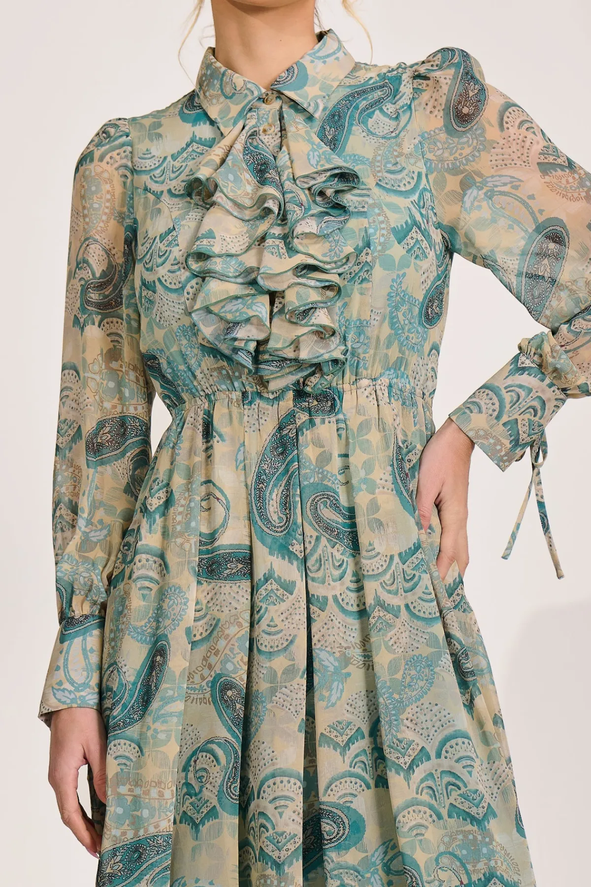 Jolie Moi Occasion Dresses|Wedding Guest-Long Sleeve Ruffle Chiffon Shirt Maxi Dress, Teal Paisley