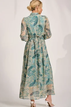 Jolie Moi Occasion Dresses|Wedding Guest-Long Sleeve Ruffle Chiffon Shirt Maxi Dress, Teal Paisley