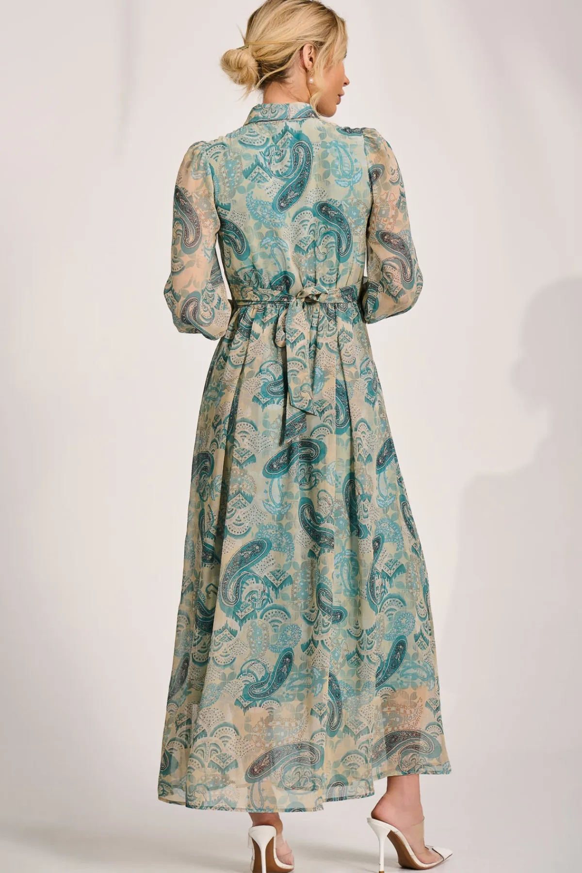 Jolie Moi Occasion Dresses|Wedding Guest-Long Sleeve Ruffle Chiffon Shirt Maxi Dress, Teal Paisley