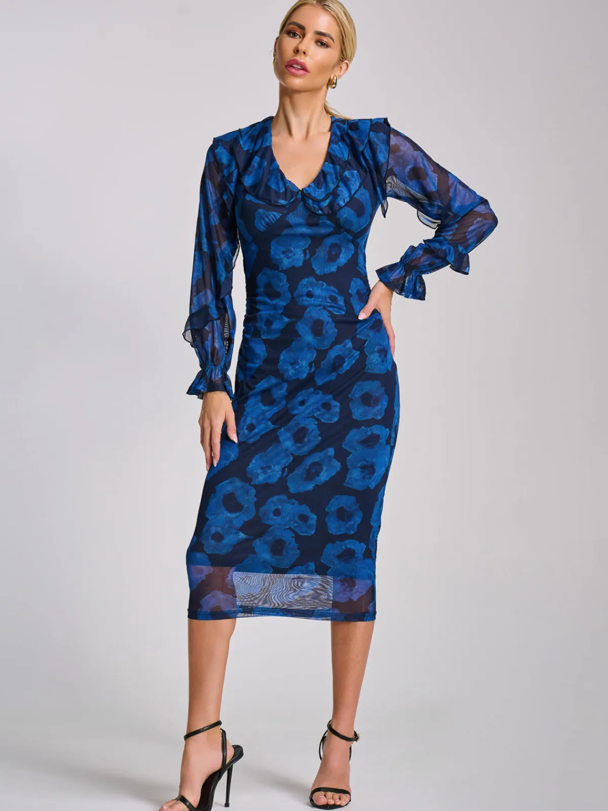 Jolie Moi Occasion Dresses|Mesh Dresses-Long Sleeve Ruffle Detail Mesh Bodycon Dress, Blue Abstract