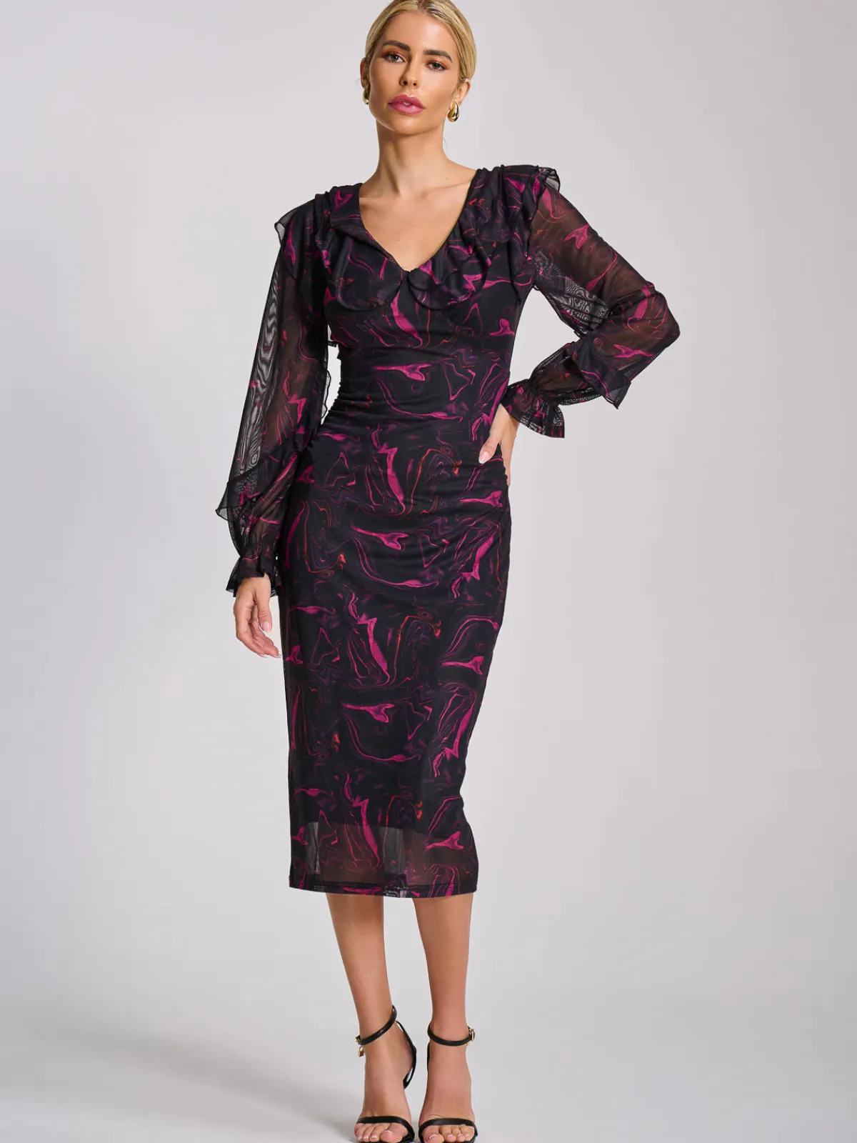 Jolie Moi Occasion Dresses|Mesh Dresses-Long Sleeve Ruffle Detail Mesh Bodycon Dress, Fuchsia Abstract