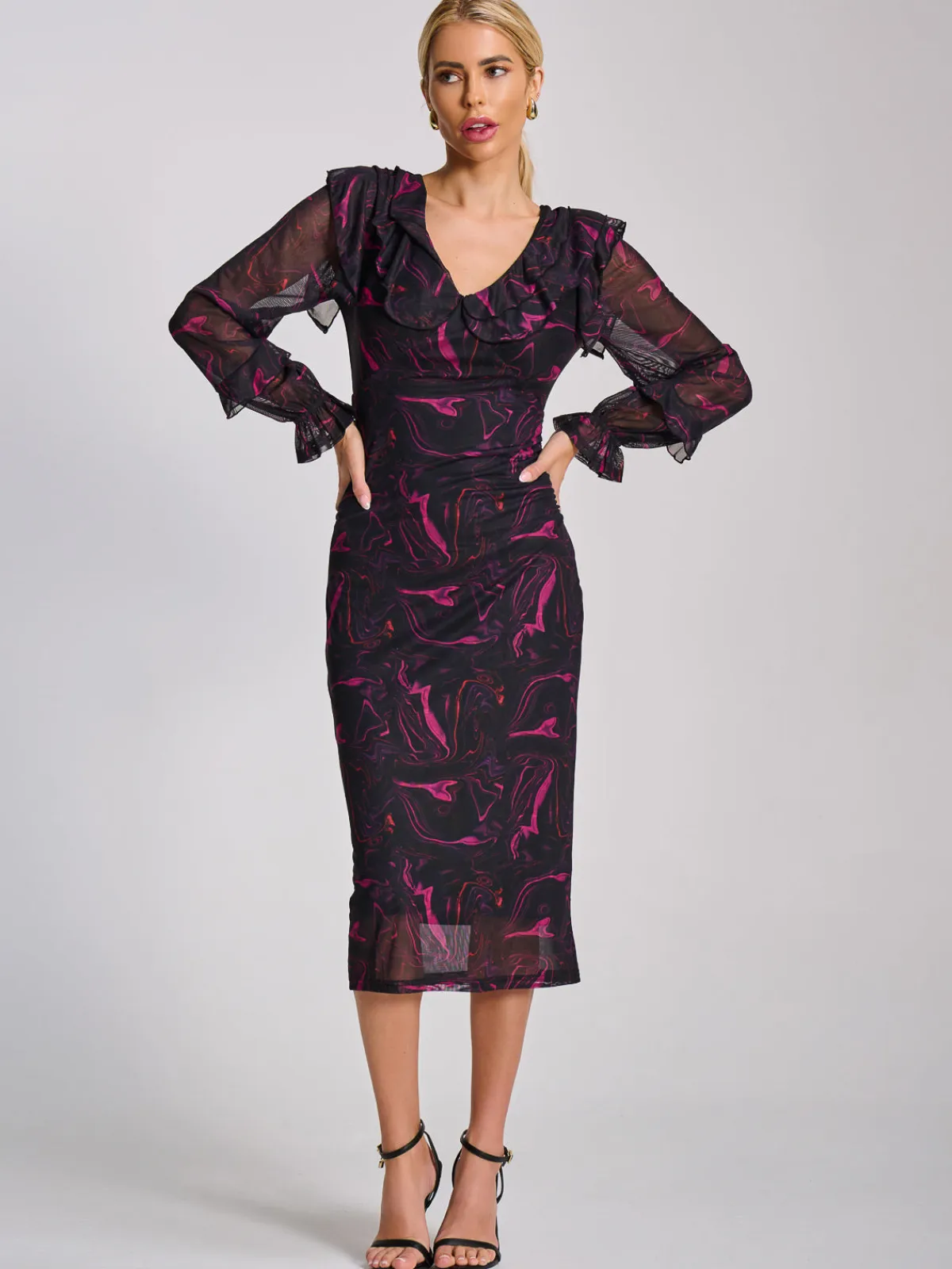 Jolie Moi Occasion Dresses|Mesh Dresses-Long Sleeve Ruffle Detail Mesh Bodycon Dress, Fuchsia Abstract