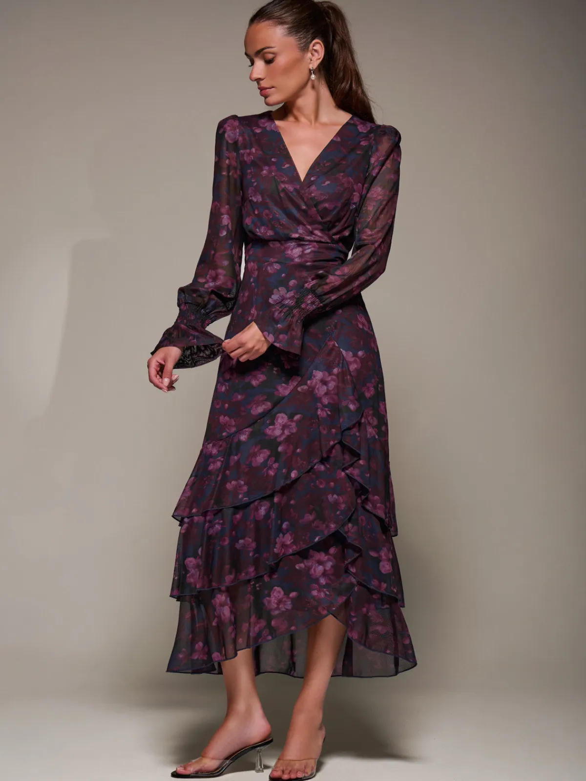 Jolie Moi Occasion Dresses|Floral Dresses-Long Sleeve Ruffle Hem Mesh Maxi Dress, Navy Floral