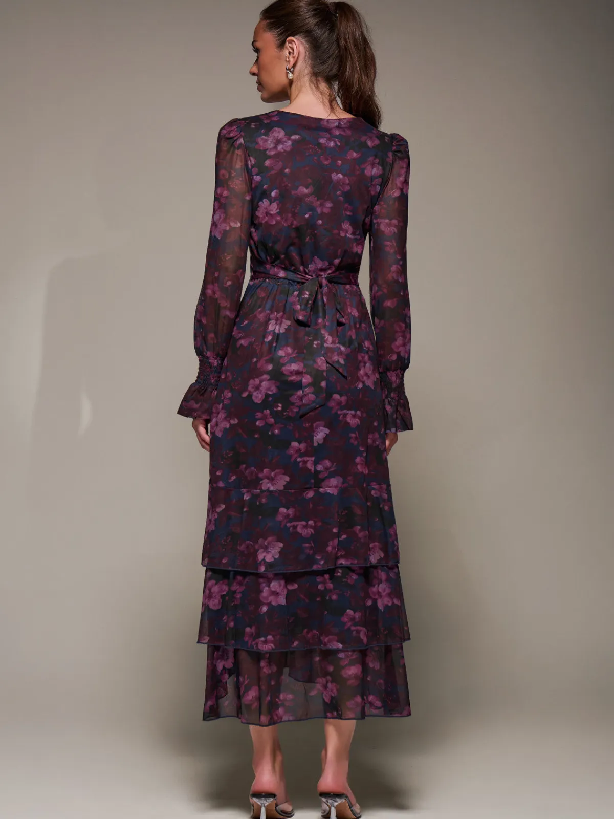 Jolie Moi Occasion Dresses|Floral Dresses-Long Sleeve Ruffle Hem Mesh Maxi Dress, Navy Floral