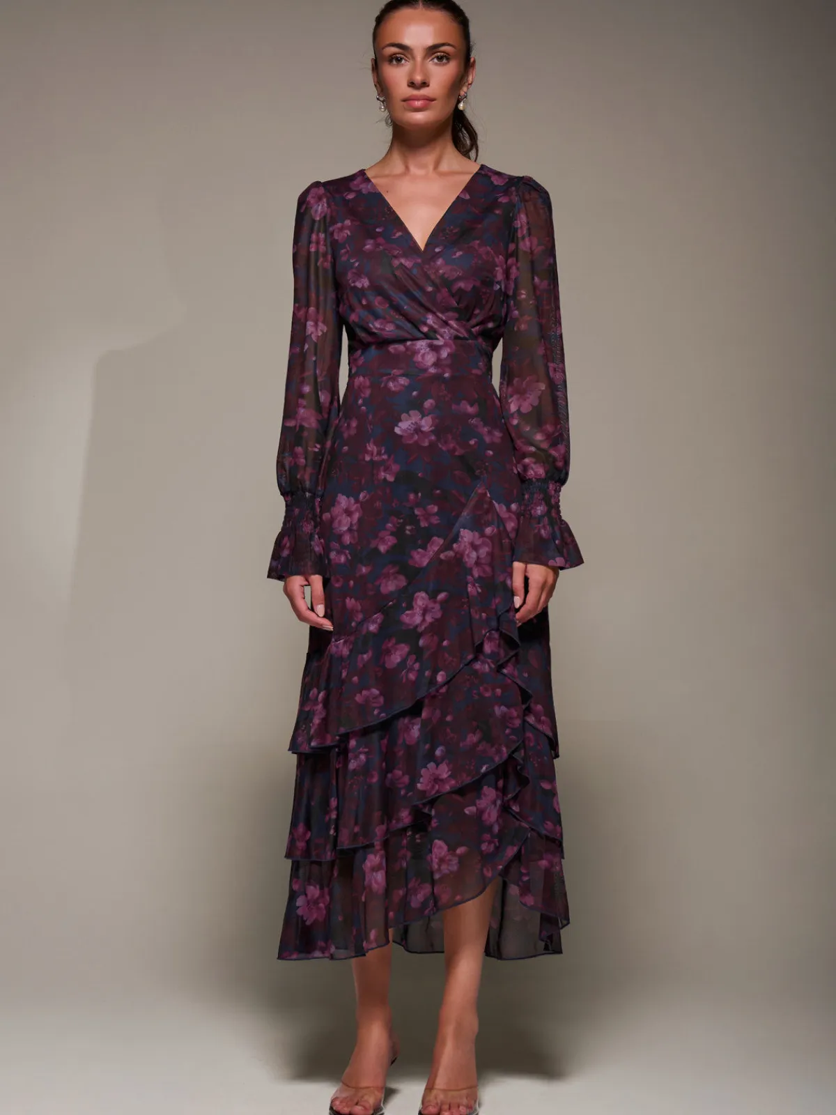 Jolie Moi Occasion Dresses|Floral Dresses-Long Sleeve Ruffle Hem Mesh Maxi Dress, Navy Floral
