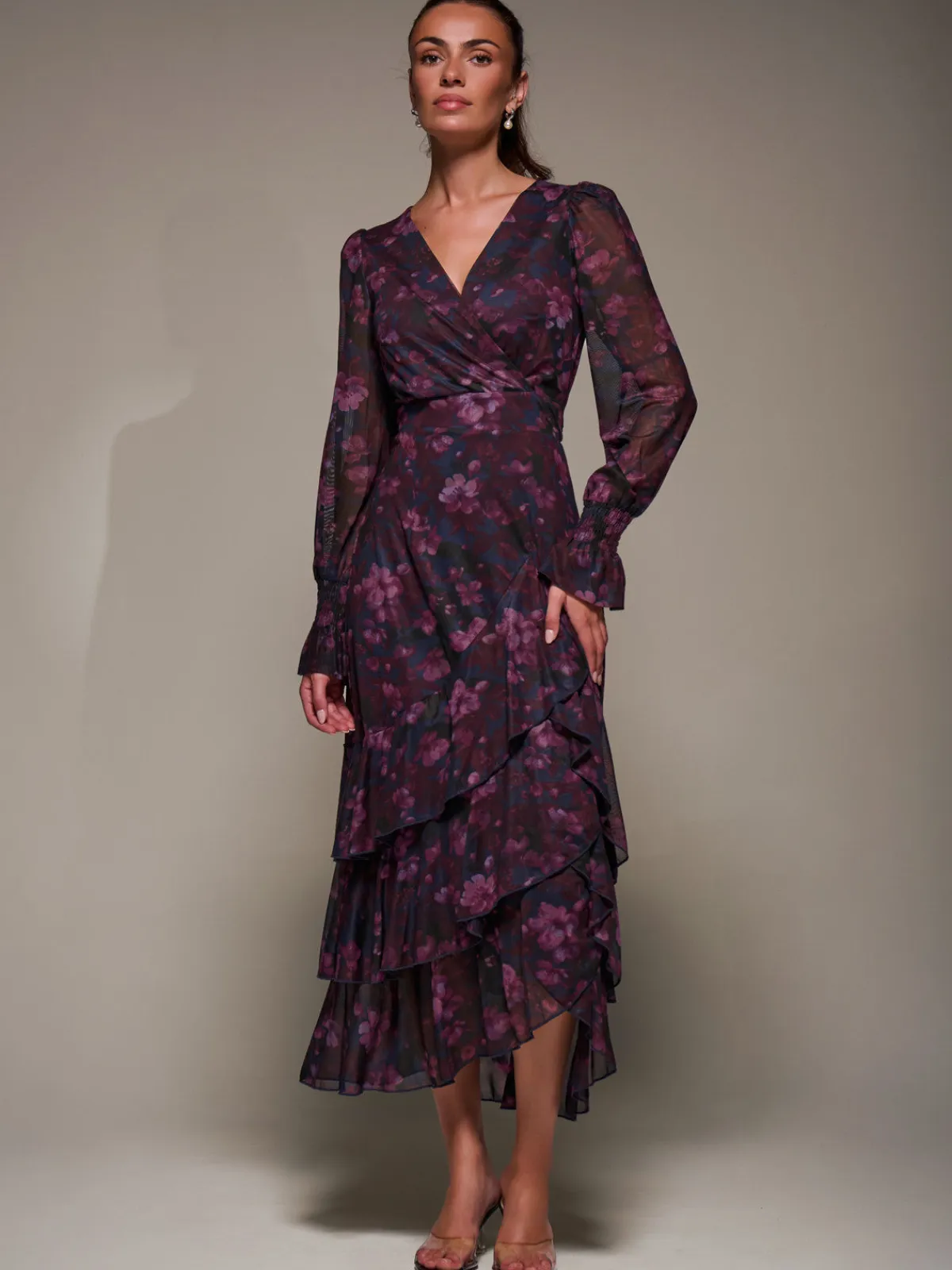 Jolie Moi Occasion Dresses|Floral Dresses-Long Sleeve Ruffle Hem Mesh Maxi Dress, Navy Floral