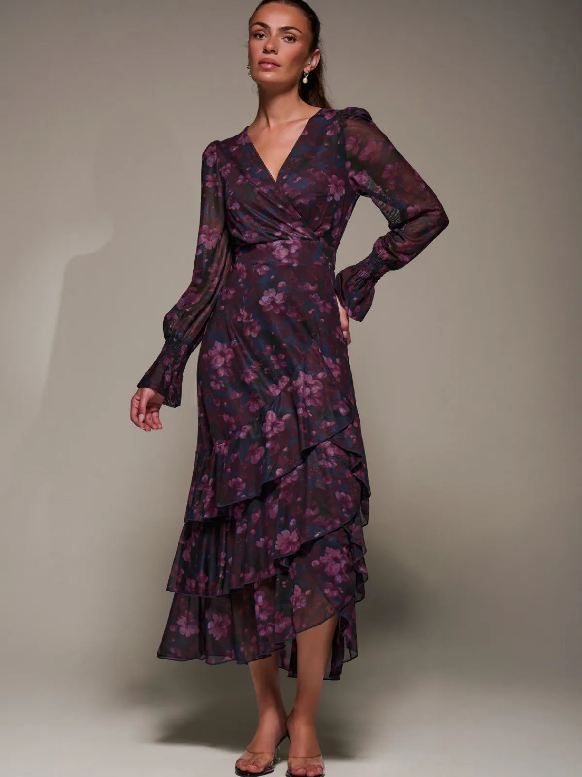 Jolie Moi Occasion Dresses|Floral Dresses-Long Sleeve Ruffle Hem Mesh Maxi Dress, Navy Floral