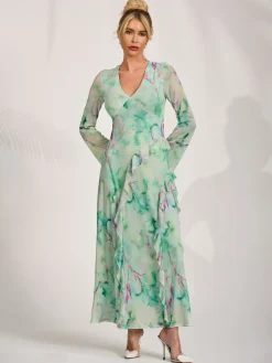 Jolie Moi Occasion Dresses|Mesh Dresses-Long Sleeve Ruffle Mesh Maxi Dress, Green Abstract