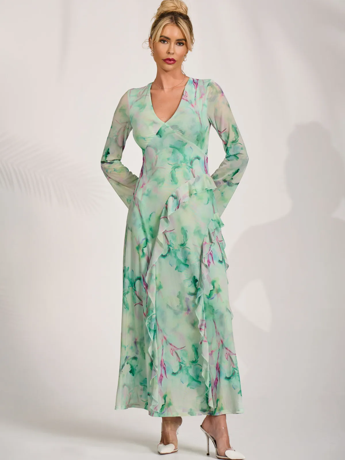 Jolie Moi Occasion Dresses|Mesh Dresses-Long Sleeve Ruffle Mesh Maxi Dress, Green Abstract