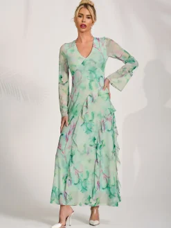 Jolie Moi Occasion Dresses|Mesh Dresses-Long Sleeve Ruffle Mesh Maxi Dress, Green Abstract