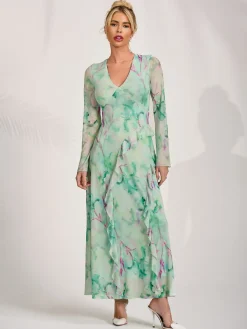 Jolie Moi Occasion Dresses|Mesh Dresses-Long Sleeve Ruffle Mesh Maxi Dress, Green Abstract