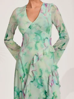 Jolie Moi Occasion Dresses|Mesh Dresses-Long Sleeve Ruffle Mesh Maxi Dress, Green Abstract