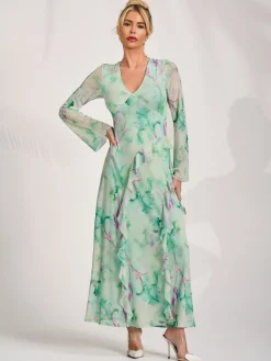Jolie Moi Occasion Dresses|Mesh Dresses-Long Sleeve Ruffle Mesh Maxi Dress, Green Abstract