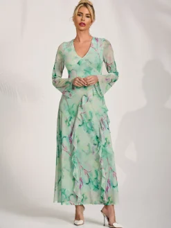 Jolie Moi Occasion Dresses|Mesh Dresses-Long Sleeve Ruffle Mesh Maxi Dress, Green Abstract
